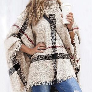 Turtle neck cream plaid poncho